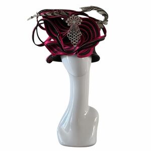 Donna Vinci Couture Black & Pink Ribbon Mushroom Hat w/Rhinestones & Feather
